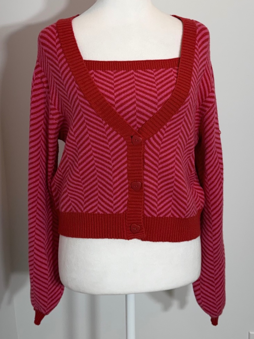 NWT Sincerely Jules Red & Pink Chevron Cardigan & Tank Set Size Large